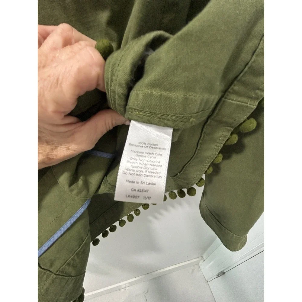 Talbots Womens XL Olive Green 100% Cotton Utility Jacket Pom Pom Trim Field Coat